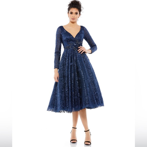 Mac Duggal 112181 Long Sleeve A Line Cocktail Tea Length Dress Floral Lace 4 NWT - Picture 1 of 7